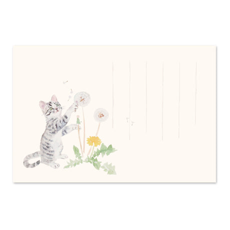 猫の絵はがき　春　猫とたんぽぽ