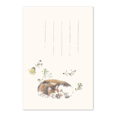 猫の絵はがき　春　三毛猫とモンシロチョウ