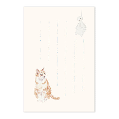 猫の絵はがき　初夏　猫とてるてる坊主
